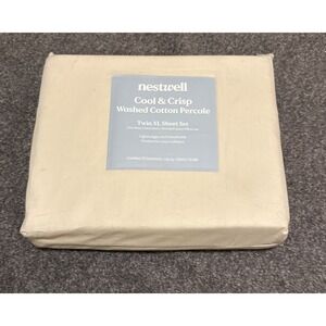 Nestwell Cool & Crisp Washed Cotton  Percale Twin XL Sheet Set Cream Beige